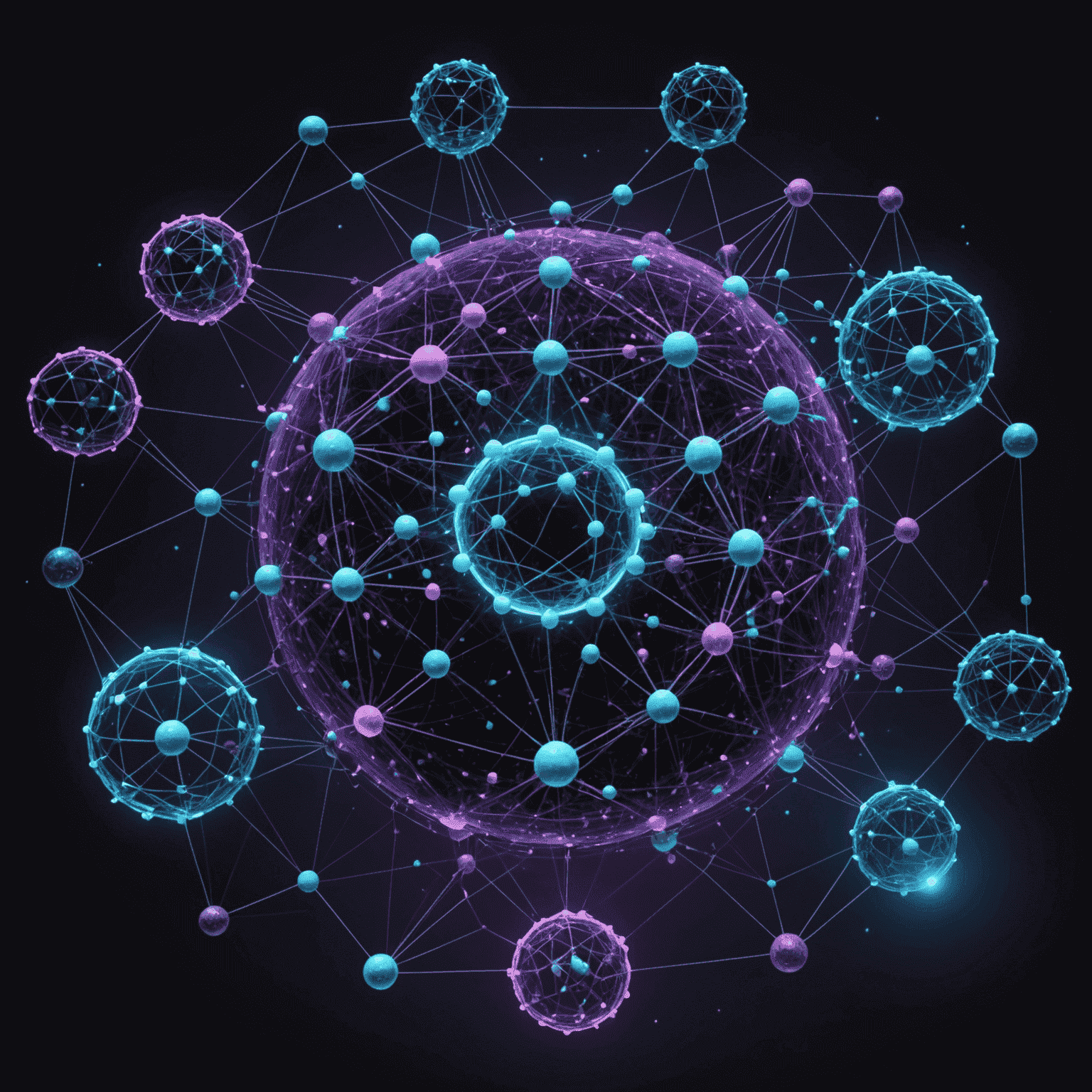 A complex visualization showing AI systems as quantum observers, with interconnected nodes and probability clouds representing data and outcomes. The image has a dark background with glowing blue and purple elements, simulating the quantum realm.