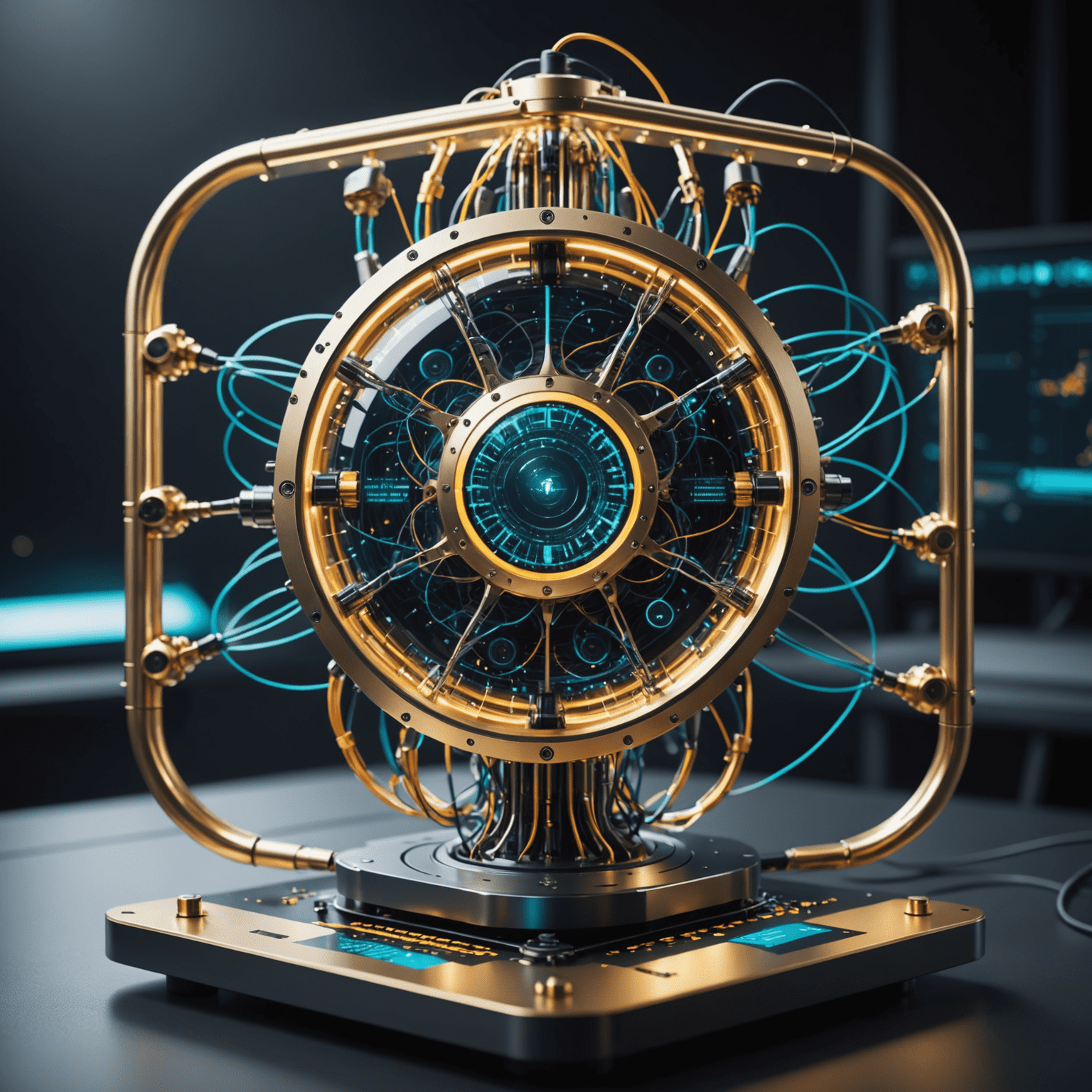 A futuristic quantum computer intertwined with neural network visualizations, showcasing the synergy between quantum computing and machine learning