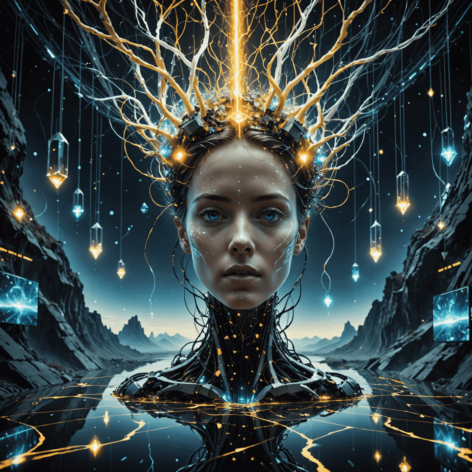 A surreal digital landscape being manipulated by AI, with fragments of images and videos floating in a quantum-like space. Glowing tendrils represent AI algorithms interacting with and altering the visual elements.