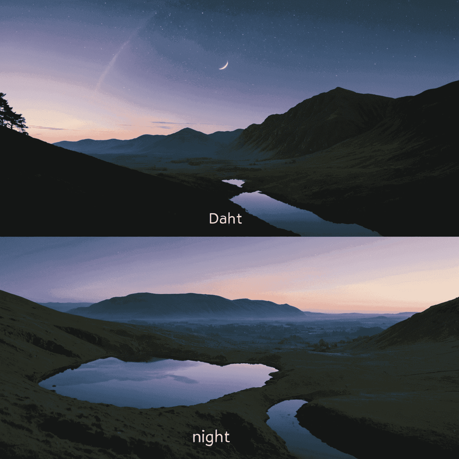 A split-screen image showing a twilight scene: one half labeled 'day' and the other 'night', with a blurred, overlapping area in the middle representing the uncertainty of classification