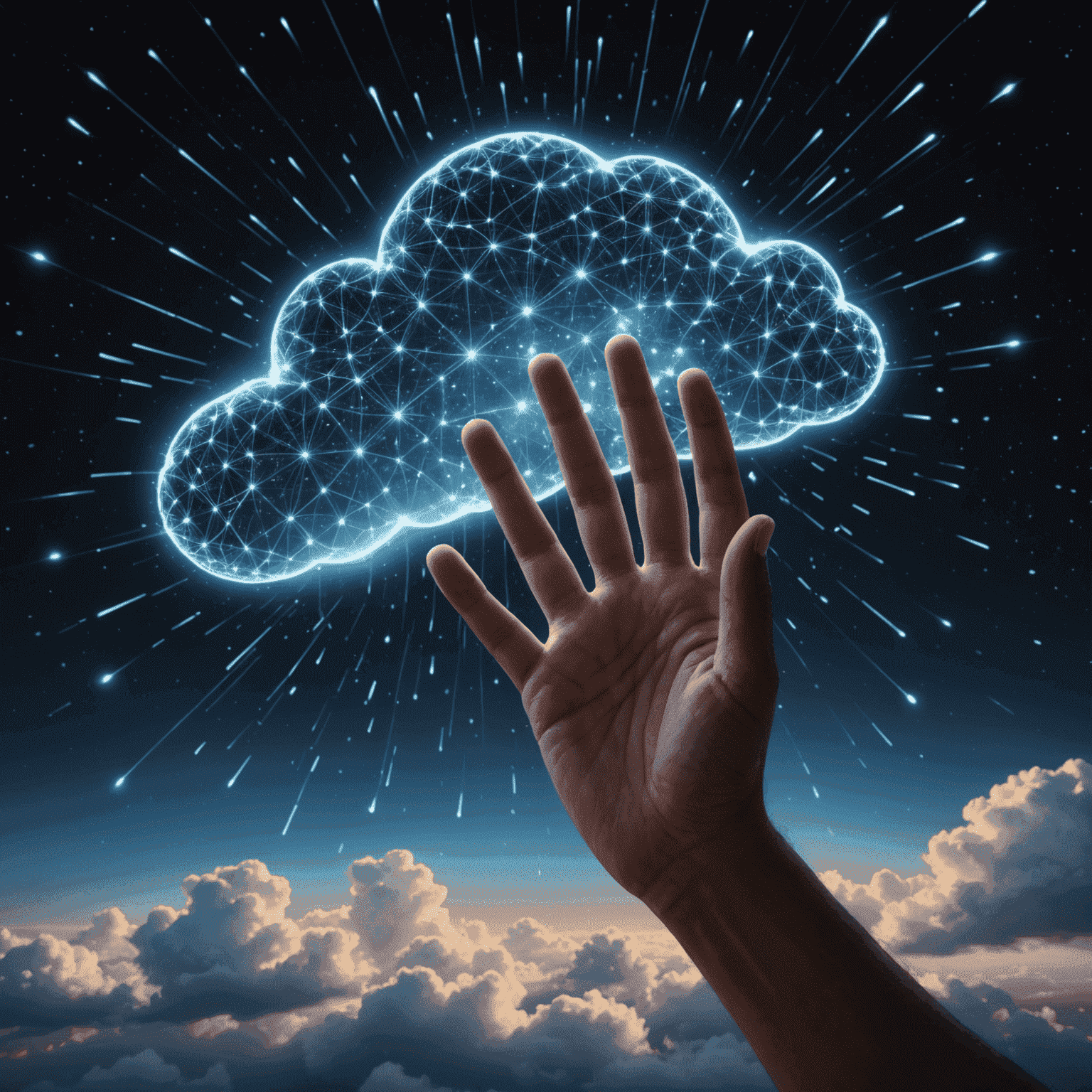 An artistic representation of a human hand interacting with a cloud of glowing particles representing AI possibilities. As the hand touches the cloud, some particles coalesce into a clear image while others remain in flux.